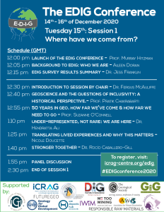 The schedule of talks for Session 1 are listed below (times are shown in GMT). 12:00 pm. Launch of the EDIG conference (Prof. Murray Hitzman). 12:05 pm. Background to EDIG: Who we are (Aileen Doran). 12:15 pm. EDIG survey results summary (Dr. Jess Franklin). 12:30 pm. Introduction to session 1 (Dr. Fergus McAuliffe) 12:40 pm. Geoscience and the questions of inclusivity: A historical perspective (Prof. Pratik Chakrabarti). 12:55 pm. 50 years in geo. How far we’ve come & how far we need to go (Prof. Suzanne O’Connell). 1:10 pm. Under-represented, not rare: We are here (Dr. Hendratta Ali). 1:25 pm. Translating lived experiences and why this matters (Nicole Doucette). 1:40 pm. Stronger together (title to be confirmed) (Dr. Rocío Caballero-Gill). 1:55 pm. Panel discussion. 2:30 pm. End of session 1.